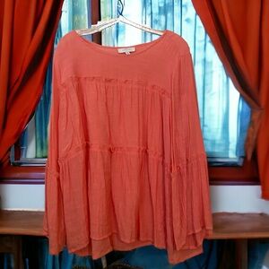 New directions, plus size 3X, coral color blouse with3/4, and ruffles.